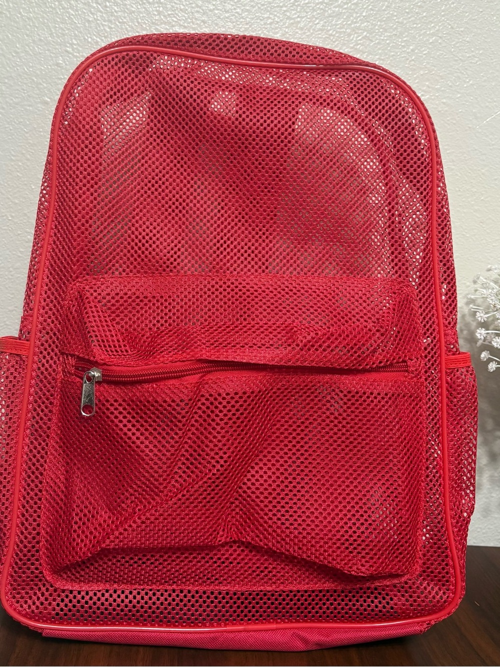 Red Mesh Backpack with Front Zip Pocket - Women’s Backpack